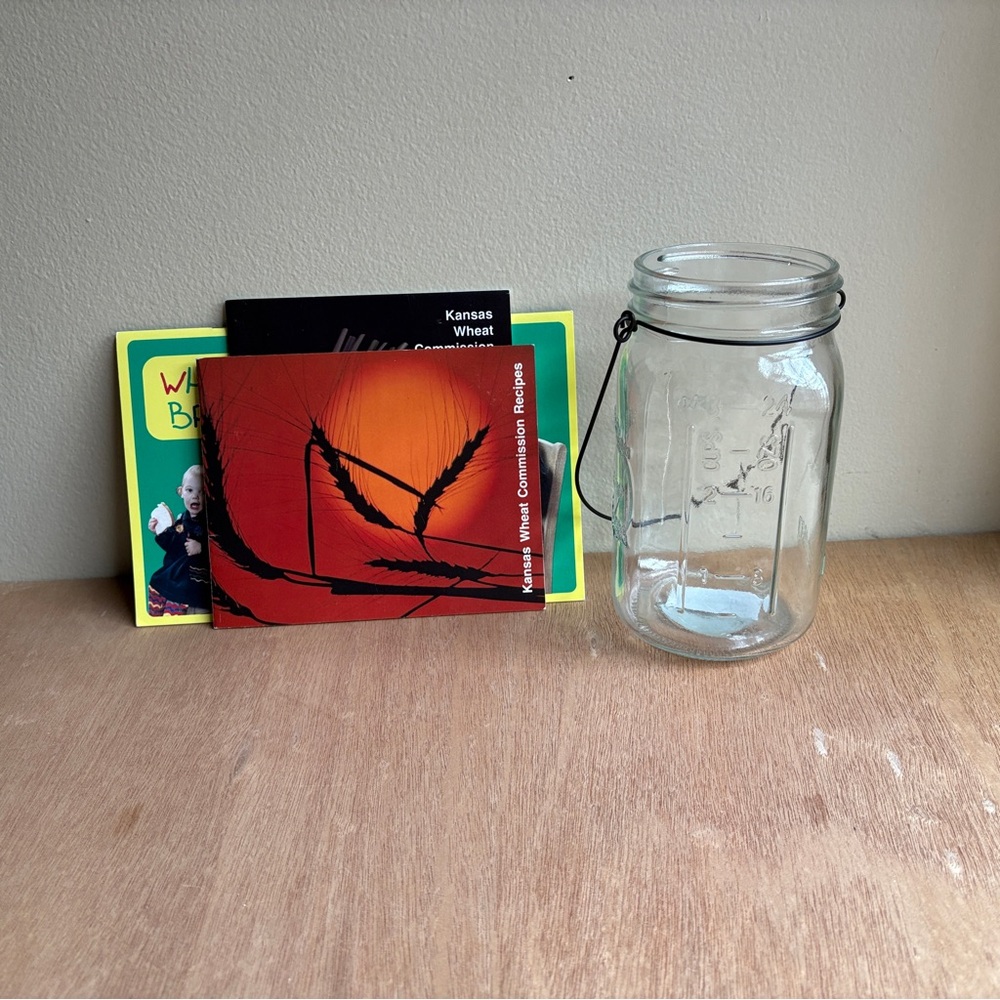 Mason Jar Glass Vase With Vintage KS & OK Wheat Commission Recipe Booklets